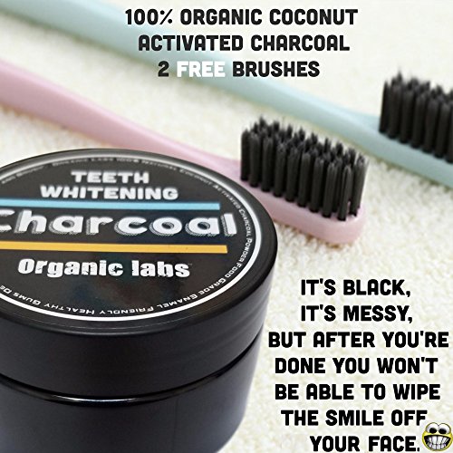 Organic Labs Natural Teeth Whitening Charcoal Powder with 2 Charcoal Infused Brushes - Whitens Teeth, Improves Gum Health, Freshens Breath. Food grade.