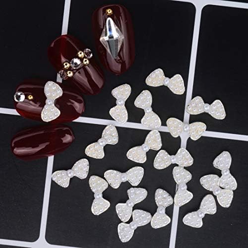 editTime 20 pcs Charms 3D Pearl Nail Art Bow Rhinestone Kit Elegant White Bow Tie Alloy Rhinestone DIY Decoration(20pcs pearl)