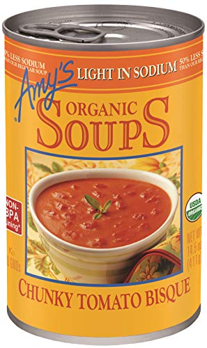 Amy’s Soup, Chunky Tomato Bisque, Light in Sodium, Gluten Free, Made With Organic Tomatoes and Cream, Canned Soup, 14.5 Oz (12 Pack)