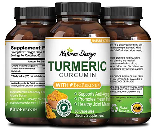 Natures Design Pure Turmeric Curcumin with Bioprene Black Pepper Extract With 95% Curcuminoids a Natural Sourced Capsules Increased Energy to Support for Women and Men