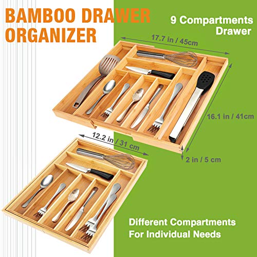 VSADEY Kitchen Drawer Organizer Bamboo Expandable Utensil Silverware Organizer, 9 Compartments Compact Cutlery Tray Organizer Holder for Kitchen Utensils, Flatware and Silverware - Thumbnail 3