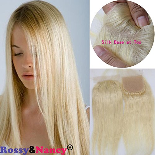 Rossy&Nancy Top Silk Base 4x4" Lace Closures Brazilian Virgin Human Hair Silk Straight Natural Blonde #613 Color Free Part Closure Piece for Women