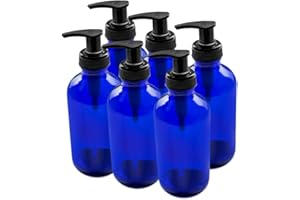 The Bottle Depot - 6 Pack - 8 oz Glass Bottle with Black Lotion Pump - Blue - 28-400 Neck Finish - Boston Round Bottles - UV 