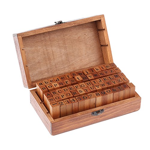 DDSKY Wooden Rubber Stamp Box Vintage Style 70 Pcs Alphabet Letter and Number Symbol Stamper Seal Set for DIY Craft Card Making Valentine's Day Gifts