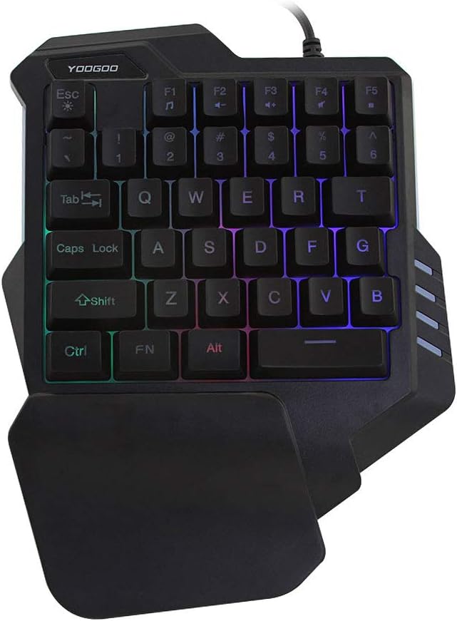 CHUYI One-Handed Ergonomic Gaming Keyboard RGB LED Backlit 35 Keys Portable Mini Professional Single Hand Wired Keypad for Game with Palm Rest (Black)