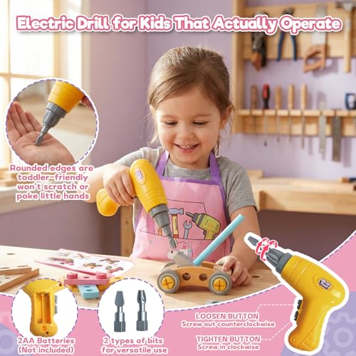 Kids Tool Set Wooden Toys for 3 Year Old Girls, 47 PCS Montessori Toys with Toy Drill & Tool Box & Apron, Pretend Play Educational Building Construction Toys for 3 4 5 Year Old Girls Gifts