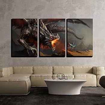 wall26 - 3 Piece Canvas Wall Art - Fantasy Scene Knight Fighting Dragon - Modern Home Decor Stretched and Framed Ready to Hang - 16