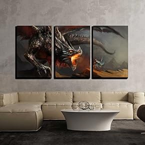 Fantasy Dragon Fighting Knight - 3 Panel Canvas Art