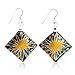 Sterling Silver Hand Painted Murano Glass Golden Flower Blue Art Square Dangle Earrings 2”