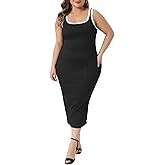 Agnes Orinda Plus Size Dress for Women Square Neck Sleeveless Contrast Summer Bodycon Side Slit Knit Tank Dresses