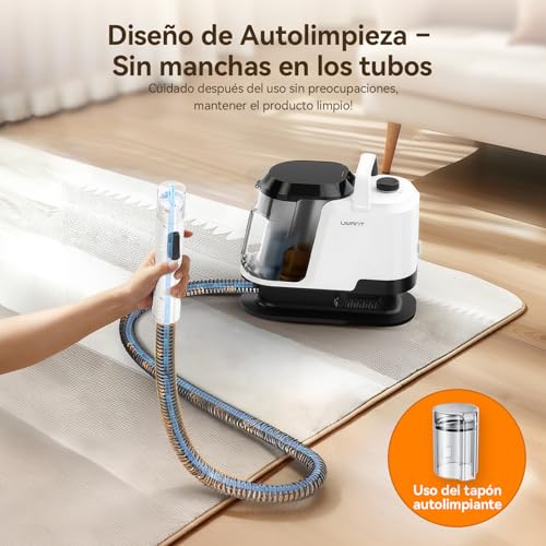 Uwant Y100 Aspiradora de Agua Tapiceria, 600W 18 kPa, Doble Depósito 1.2L y Autolimpieza, Higieniza 99.9% con Detergente 500ml y Cepillos, Limpiador de Tapicerías, Para Sofá, Alfombra y Colchón