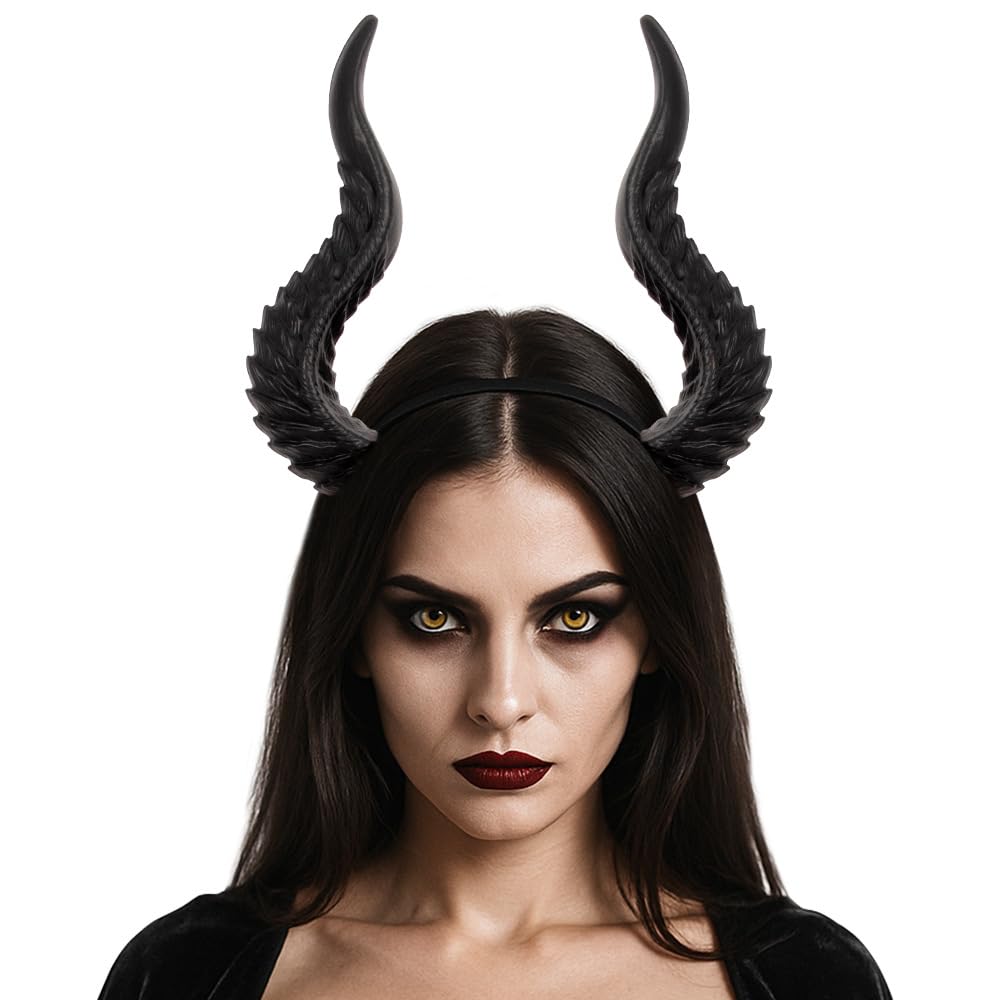 Women Halloween Devil Horns Headband Gothic Demon Witch Hairband Ox Sheep Horn Hair Hoop Headdress Day of the Dead Headwear Halloween Cosplay Party Headpiece Fancy Dress Costume Hair Accessory