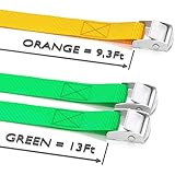 Long Tie Down Lashing Cam Lock Buckle, Securing Adjustable Cargo Straps For Roof Rack, Kayak, Canoe, Tie Down Straps, 1in x 9.3 and 13-Foot Long Up To 600lbs, 3 Pack, Green and Orange