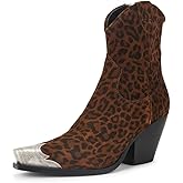 keleimusi Women's Western Cowgirl Ankle Boots Stacked Block Heel Cowboy Booties Steel Toe Heeled Short Cowboy Boots Side Zipper Western Booties for Women