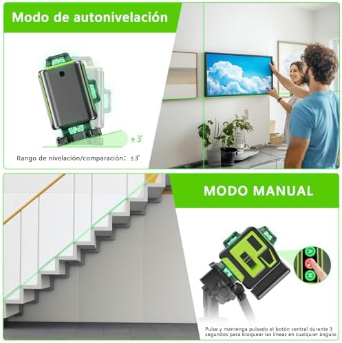 Nível Laser Autonivelante de 360 graus, Laser Verde Nível 16 linhas, 2 x 360 Horizontal e 2 x 360 Verticais, 2 x Bateria, Montagem na Parede, Controlo Remoto, Base Magnética, Suporte Rotativo, Tripé