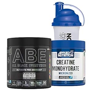 Applied Nutrition Bundle ABE Pre Workout 315g + Creatine Monohydrate 250g + 700ml Protein Shaker | All Black Everything Preworkout with Citrulline, Creatine, Beta Alanine (Sour Gummy Bear)