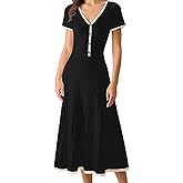 Women Knit Summer Dress V Neck Crop Top Midi Pleated Dresses Casual Beach Outfit for Office