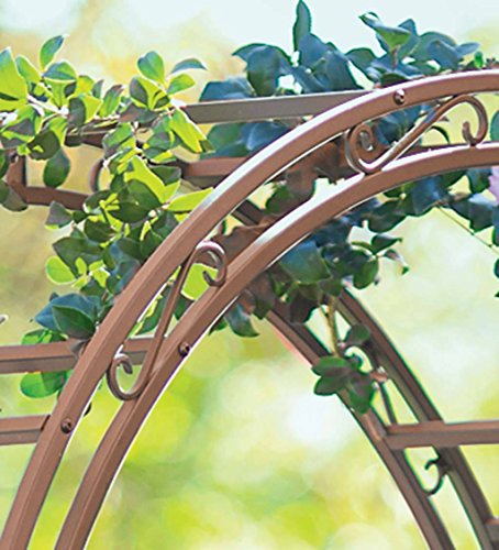 Montebello-Decorative-Garden-Arbor-Trellis-Scroll-Design-Tubular-Iron-Structure-with-7-Inch-Ground-Stakes-53-W-x-23-D-x-84-H-Burnished-Bronze-Finish