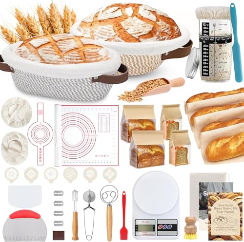 38 Pcs Sourdough Starter Kit for Beginners, Sourdough Bread Baking Supplies Set with 10'' Round & Oval Banneton Proofing Baskets, Starter Jars, Liners, Covers & Artisan Bread Baking Tools