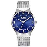 Ultra Thin Mens Watches, Fashion Waterproof Wrist Watch for Men, Analog Wristwatch with Silver Mesh Band (Blue)