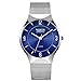 Ultra Thin Mens Watches, Fashion Waterproof Wrist Watch for Men, Analog Wristwatch with Silver Mesh Band (Blue)