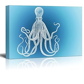 Canvas Wll Art - Octopus on Blue Ocean Themed Background - Giclee Print and Stretched Gallery Wrap | Modern Home Art Ready to Hang - 12"x18"