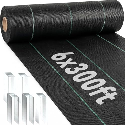 automoris 3.2OZ 6 * 300FT Weed Barrier Landscape Fabric with 100pcs 6inch Garden Staples,Heavy Duty Woven Ground Cover Weed Fabric Gardening Mat for Underlayment，Flower Beds, Pathways,Driveway