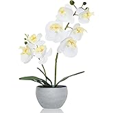 Joyerace White Orchid Artificial Flowers 2 Stems in Grey Pot, Potted Faux Orchid Flower for Home Bathroom Table Living Room Office Kitchen Decor