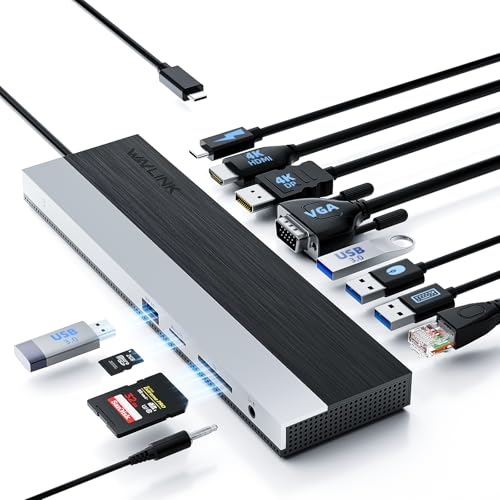 USB-C-Dockingstation 3 Monitore, Dockingstation mit HDMI, DP, VGA, 100W PD, USB3.0&2.0, RJ45, SD/TF-Slots, Audio/Mikrofon, für Lenovo/HP/Dell usw. - Grau