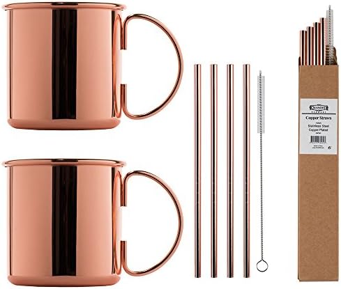 Premium Moscow Mule Mug Set of 2 | 4x Reusable Straws | Copper Plated Stainless Steel Mugs and Straws