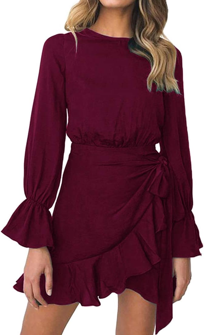 WEEPINLEE Womens Long Sleeve Round Neck Ruffles Wrap Dresses Party Dress