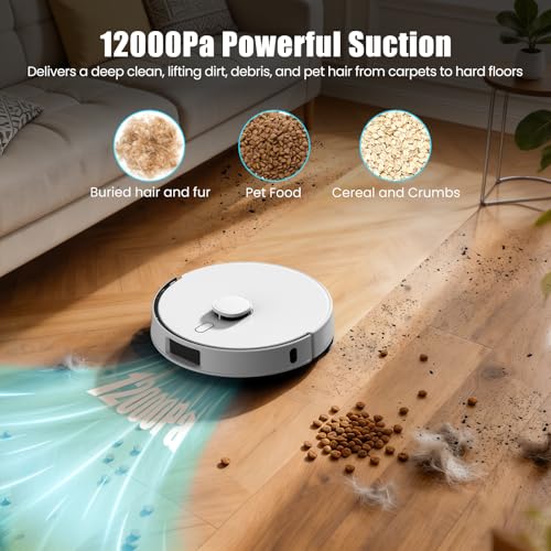 FIXR T30+ Self Emptying Robot Vacuum & Mop Combo with 12,000Pa, Robotic Vacuums Cleaner for Pet Hair, No-Collision Obstacle Avoidance, 75-Day Capacity, Carpet Detection, Anti-Tangle, 240-Min Runtime