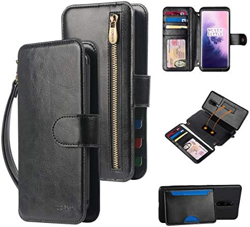 CORNMI OnePlus 7 Pro Wallet Case, Zipper Pocket Strap DIY Crossbody Detachable Kickstand, Flip Cover Leather Folio Purse Protective Magic Sticker with Card Holder- Black