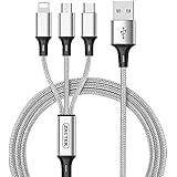 Multi USB Cable-ZACTEK- Nylon Braided(4.0ft) Aluminum Connector 3 in 1 USB Charging Cable Compatible with Samsung Galaxy S9,Note 8, iPhone, iPad, Google, Pixel, Nexus, LG Motorola, Huawei HTC (Silver)