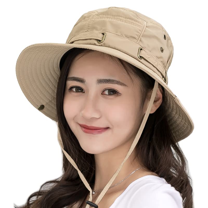 IBLUELOVER Wide Brim Sun Hat Men Women UPF 50+ UV Protection Bucket Boonie Hat Foldable Quick Dry Fishing Cap with Adjustable Chin Strap for Outdoor Sports, 54-58cm Khaki