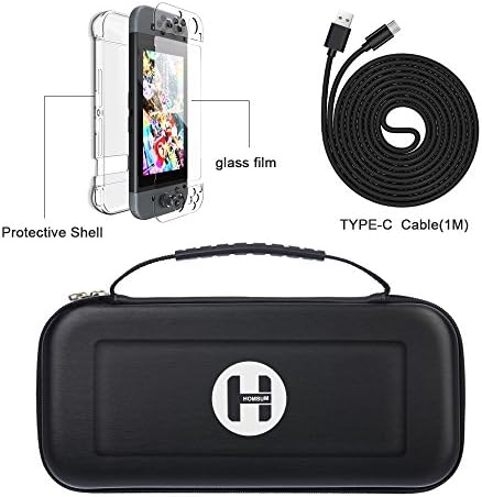 HOMSUM Carrying Case for Nintendo Switch, with Tempered Glass Screen Protector and Transparent Plate Cover + Fast Charging Cable, Black