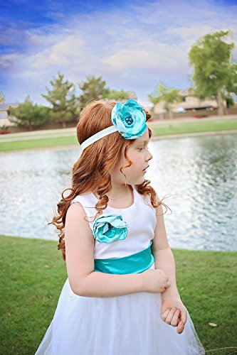 white and teal flower girl dresses