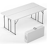 6 ft Narrow Folding Table 2 PCS, Foldable Table with Handle &amp; Safety Locks | Tabletop Fold-in-Half, Portable, Easy Setup, Thickened HDPE and Metal Frame, Perfect for Meeting, Party, Office, White