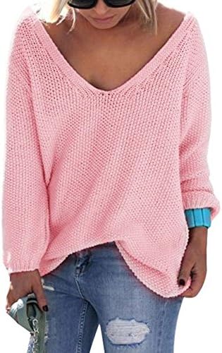 Womens Autumn Casual V Neck Loose Knit Sweater Wrap Pullover Pink S