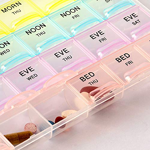 Deke 28 Daily compartments Pill Organizer case, 4 Times/Day Slot, Weekly dosis Container Boxes, Medicine Holder, Pills Medication Dispenser Box, Vitamin, Supplement, Perfect f/Travel, Ideal for Purse