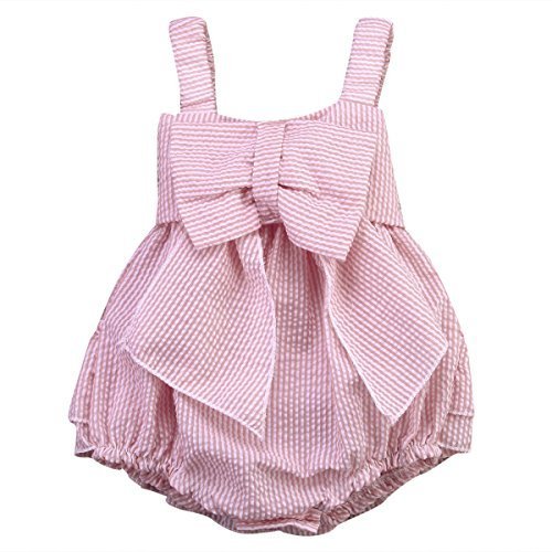 Charm Kingdom Baby Girls Striped Seersucker Bubble Straps Ruffle Layers Bowknot Romper (80(6-12M))