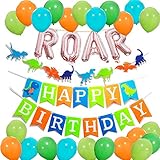 Dinosaur Birthday Decorations for Kids, Puchod Party Supplies Kit Colorful Felt Banner for Kids Rose Gold Foil Roar Banner Pack of 32 Latex Balloons
