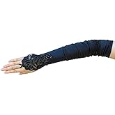 ZaZa Bridal Gathered Satin Fingerless Gloves w/Floral Embroidery Lace & Sequins