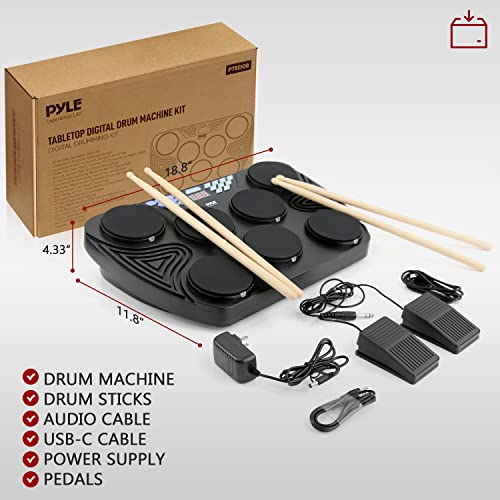 Pyle Electronic, Portable Electric Tabletop Bluetooth Machine, 7 Pads, Toms, Snare Drums, HiHat