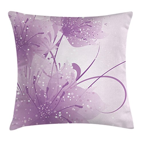 Purple Throw Pillow Cushion Cover by Ambesonne, Abstract Art Style Vector Illustration of Flower Background with Butterfly, Decorative Square Accent Pillow Case, 18 X18 Inches, Violet and White