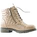 DailyShoes Women's Ankle Boots Combat Boot Low Heel Lace Up Zip Pocket Exclusive Credit Card Bootie Susan-01 Beige Pu 6