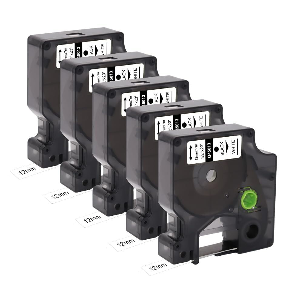 Molabel 5pack Compatible Label Tape Replacement for Dymo D1 45013 S0720530 Tape （12 mm x 7 m） Black on White Work with Dymo Label Manager 160 200 210D 280 360D 420P 450D