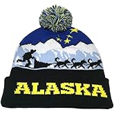 Generic Alaska Beanie Knit Hat Big Dipper Husky Sled Dogs Dogteam Mushing Blue Gold Black Pom Pom, 5 7/8
