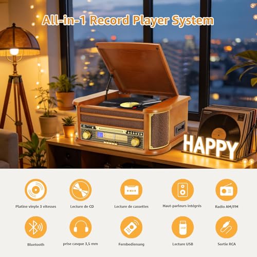 9 in 1 Turntable with Bluetooth, AM/FM Radio, CD and Cassette Player, USB Playback, Remote Control, Built-in Speakers, Vintage Turntable