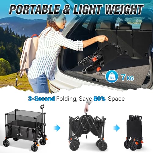 Elegear Beach Cart with Brakes 200L, Folding Garden Cart with Adjustable Handle and Cup Holder, Foldable Transport Cart for Camping Shopping Sports, Black